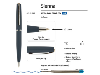 Ручка "Sienna" шариковая  автоматическая, синий металлический корпус soft-touch, 1.0 мм, синяя